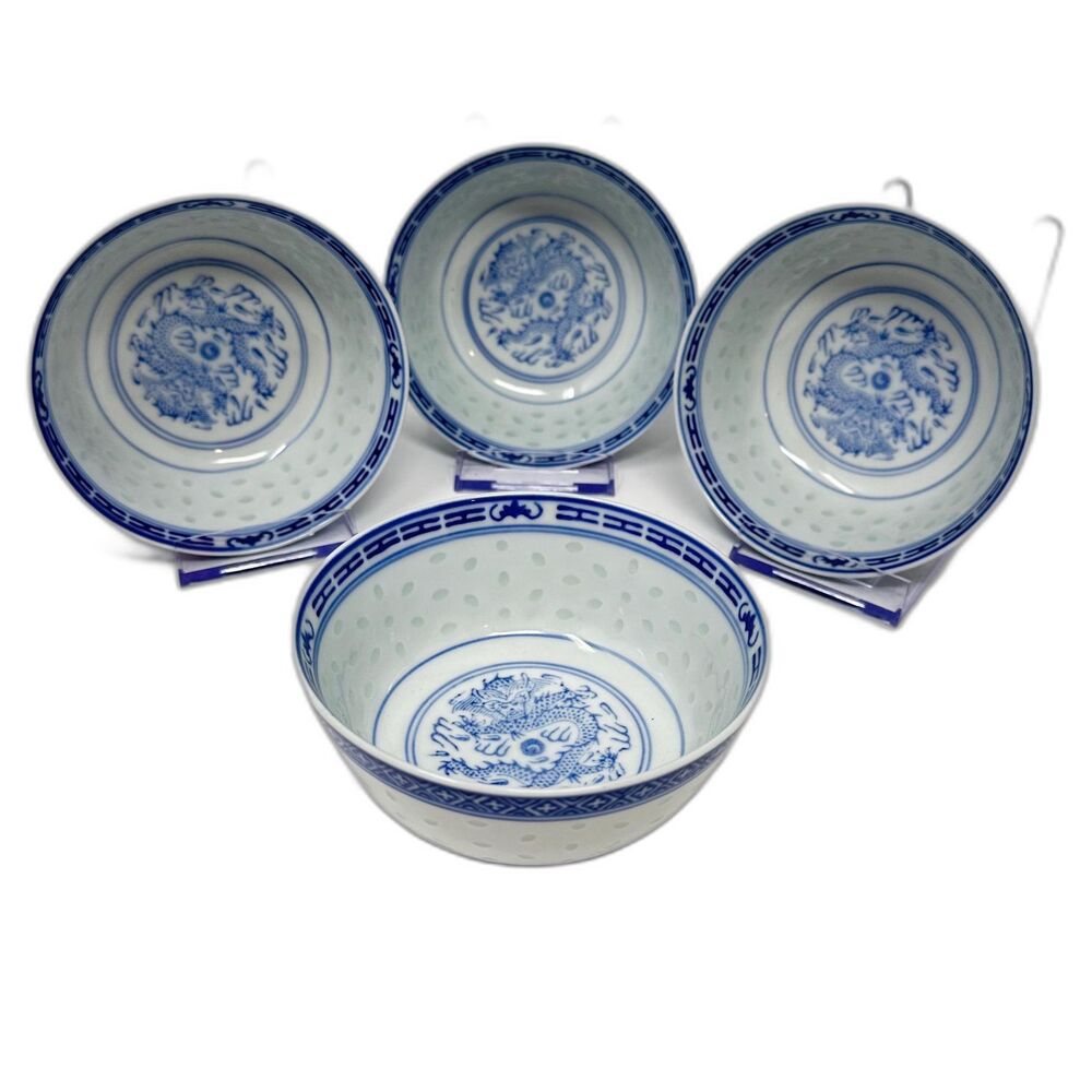 Vintage Chinese Rice Grain Porcelain Dragon Bowls Blue White Jingdezhen Set 4